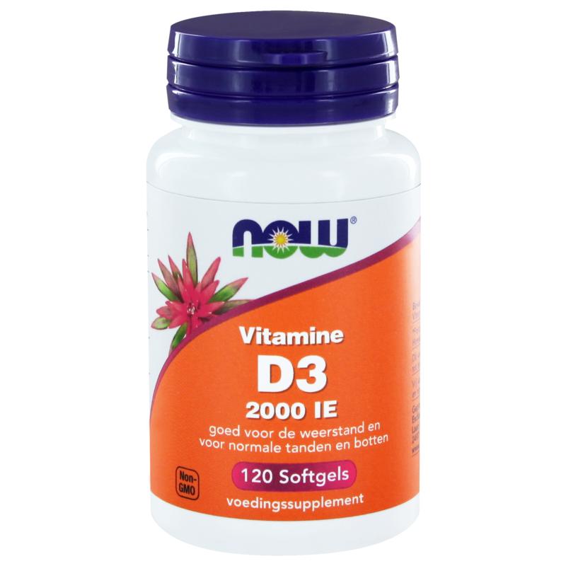 NOW Vitamine D3 2000IU softgels, dietary supplement in a bottle, showing the softgel capsules inside.