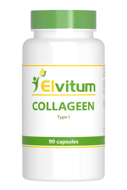 Elvitum Collageen Type 1 vegetarian capsules, supplement with fatty acids, shown in a clear bottle on a white background.