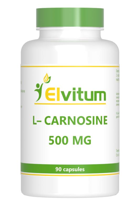 Elvitum L-Carnosine 500mg vegetarian capsules, dietary supplement with amino acids, shown in blister pack or bottle.