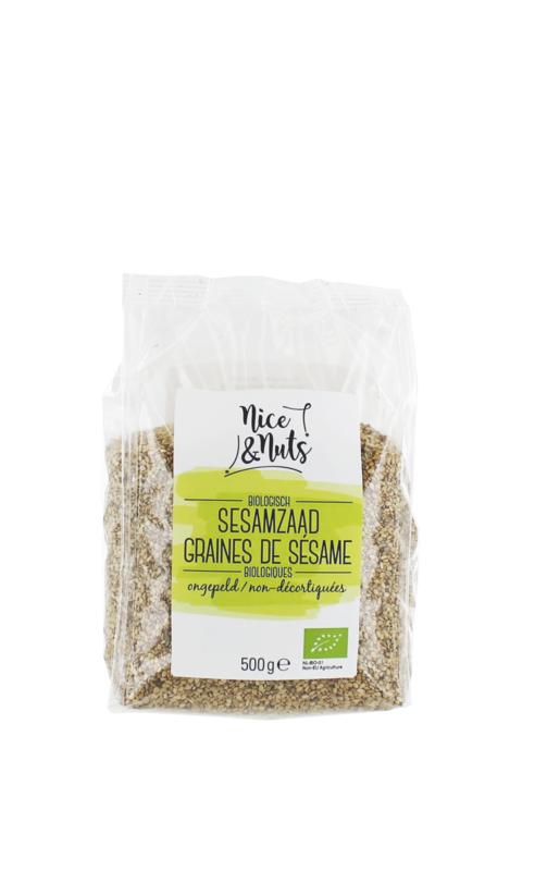 Raw organic sesame seeds in a 500g package from Nice & Nuts, showing light beige, unhulled sesame seeds.