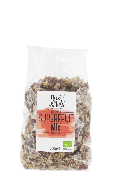 Nice & Nuts Superfruit mix bio snack in a 750g bag, featuring colorful dried fruits and nuts for healthy snacking.
