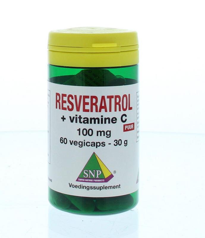 SNP Resveratrol + Vitamine C herbal capsules, vegetarian supplement in a clear bottle, with 60 capsules visible.