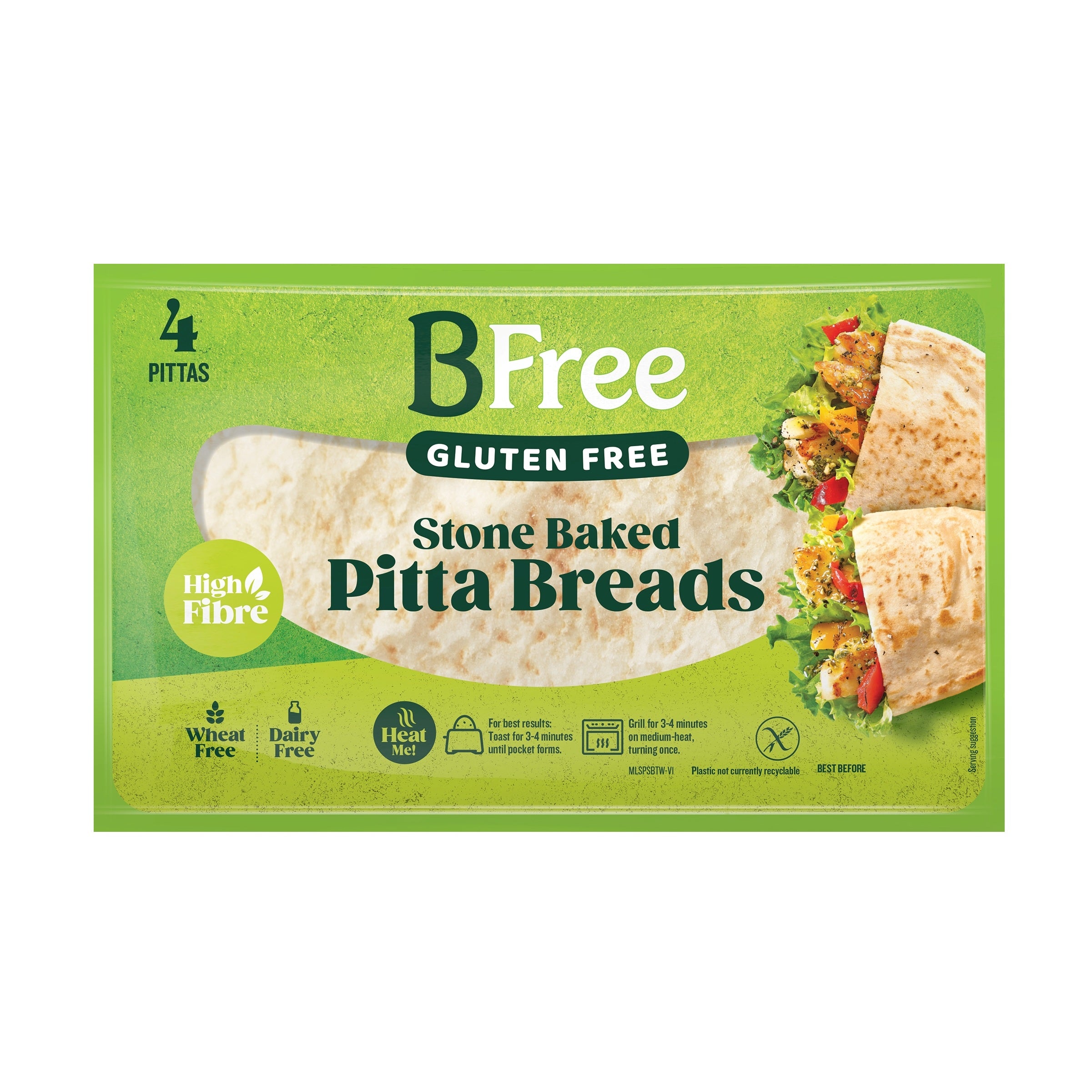 BFree Pitabroodjes, 4 pieces, soft bread pockets for sandwiches, in a package of broden en crackers.