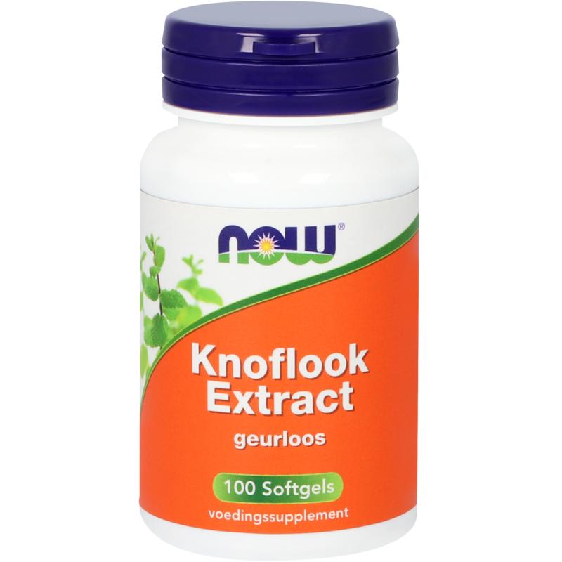 NOW Knoflook extract softgels in a bottle, herbal supplement for immune support, featuring garlic extract in softgel capsules.