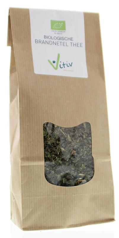 Vitiv Brandnetel thee bio in a 100g package, herbal tea with fresh green leaves and packaging label visible.