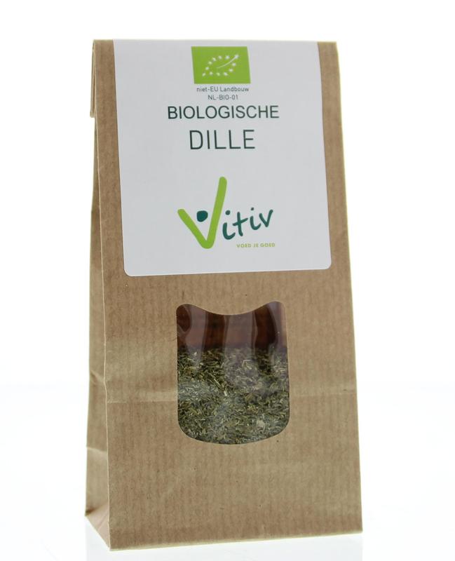 Vitiv bio dill herb 25g, fresh green dill leaves in a clear container, part of Vitiv's spices and meal mixes collection.