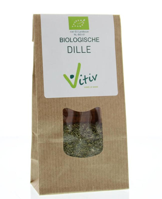 Vitiv bio dill herb 25g, fresh green dill leaves in a clear container, part of Vitiv's spices and meal mixes collection.