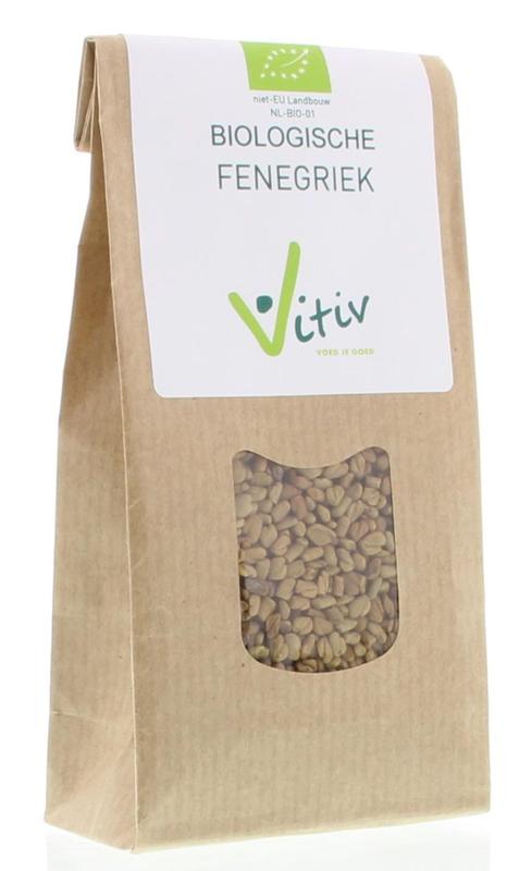 Organic Vitiv Fenegriekzaad in 100g packet, a natural spice used in herbs, salts, and meal mixes, shown in the image.