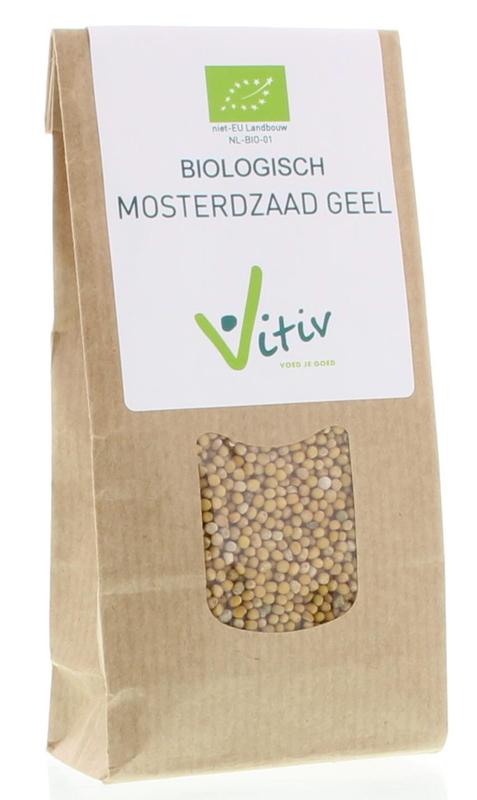 Organic Vitiv yellow mustard seeds in a 100g package, showing the fresh, whole mustard seeds ready for cooking or seasoning.
