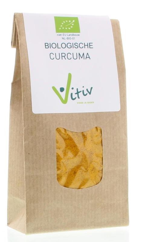 Vitiv Bio Curcuma Powder 100g, organic turmeric spice in a clear jar with a yellow label, close-up of the spice powder inside.