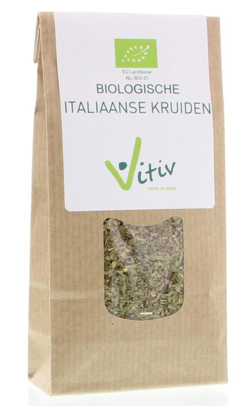 Vitiv Italiaanse kruiden bio 50g jar, organic herb blend for cooking, with fresh green herbs visible in the jar