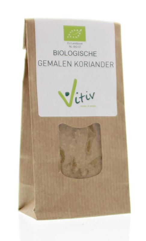 Ground organic Vitiv coriander spice in a 50g package, suitable for herbs, seasonings, and meal mixes.