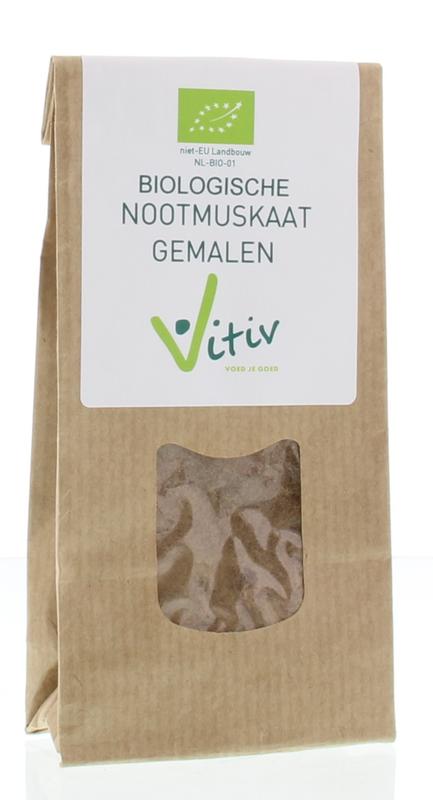 Ground organic nutmeg from Vitiv in a 40g package, ideal for use in spices, herbs, and cooking recipes.