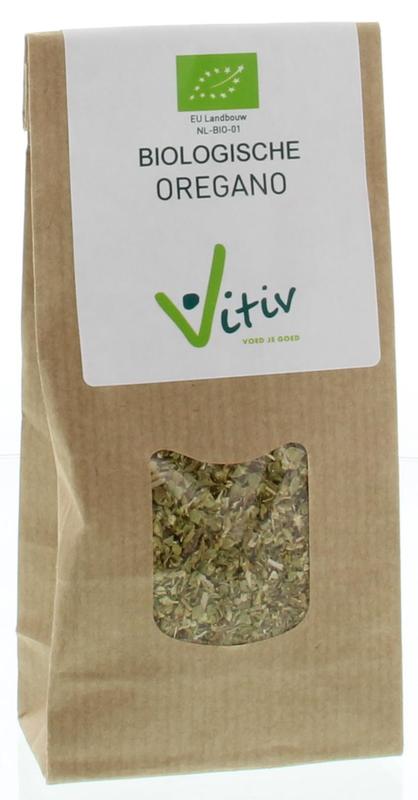 Sliced organic oregano by Vitiv in a 25g package, fresh herbs for cooking, shown in a clear image.