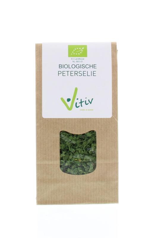 Vitiv Peterselie gesneden, biologische kruiden in 15g verpakking, fresh chopped parsley for cooking and garnishing.
