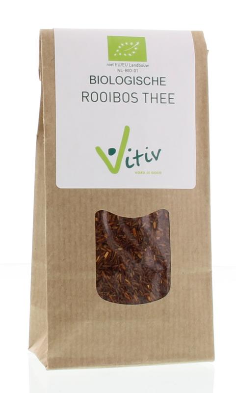 Organic Vitiv Rooibos tea in a 50g package, showcasing dried red rooibos leaves in a natural setting.