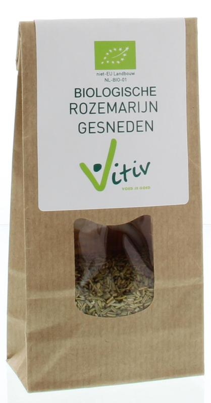 Vitiv organic chopped rosemary in a clear jar, fresh green herb for cooking, 25 grams for seasoning and culinary use.