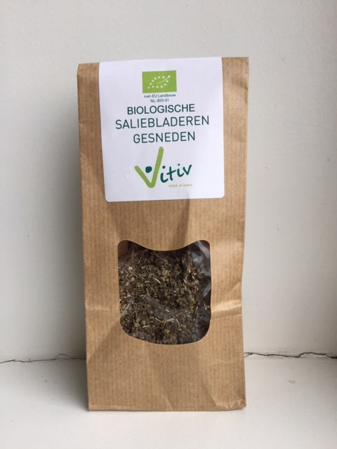 Vitiv Salieblad gesneden biologische kruiden in een transparante verpakking, 25 gram voor koken en kruidengebruik