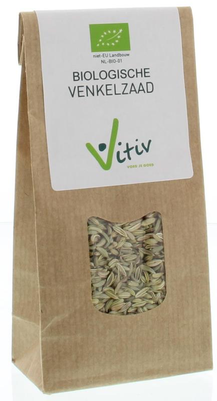 Vitiv Venkelzaad bio 50g in a clear plastic package, showing fresh, whole fennel seeds for culinary use.