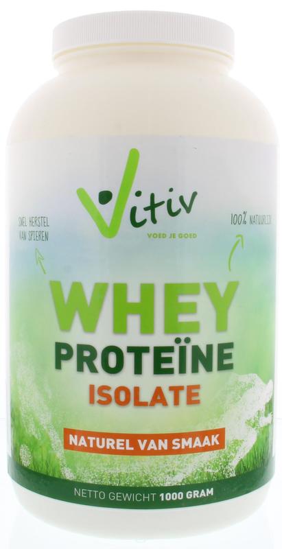 Vitiv Whey Proteïne Isolaat sportvoeding in 1kg package, showing the protein powder scoop and container lid.