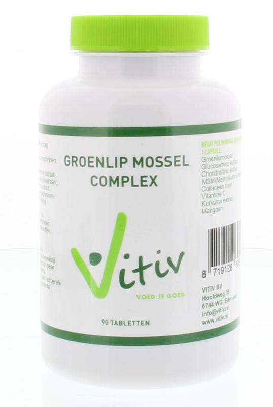 Vitiv Groenlipmossel complex mineral supplement in a bottle of 90 tablets, featuring natural green-lipped mussel extract.