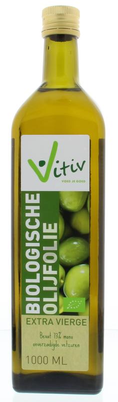 Vitiv extra virgin organic Spanish olive oil in a 1-liter bottle, showcasing a golden-green liquid in a glass container.