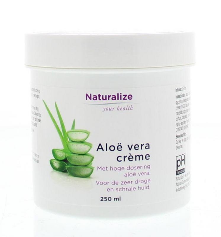 Naturalize Aloe Vera Creme 250ml, moisturizing body cream in a white tube with green aloe vera leaf design.