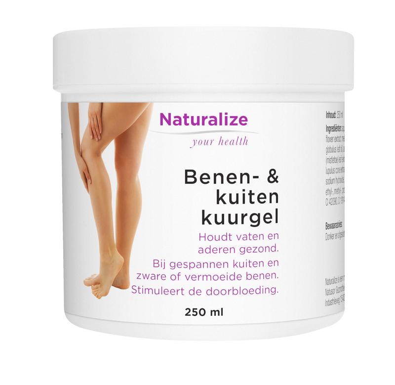 Naturalize Benen en kuiten kuurgel in 250ml bottle, a natural foot and leg care product with a clear liquid appearance.