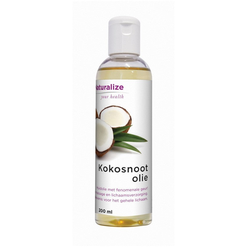 Naturalize Kokosnootolie 200ml natural body care oil in a clear bottle, showing fresh coconut oil inside.