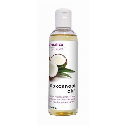 Naturalize Kokosnootolie 200ml natural body care oil in a clear bottle, showing fresh coconut oil inside.