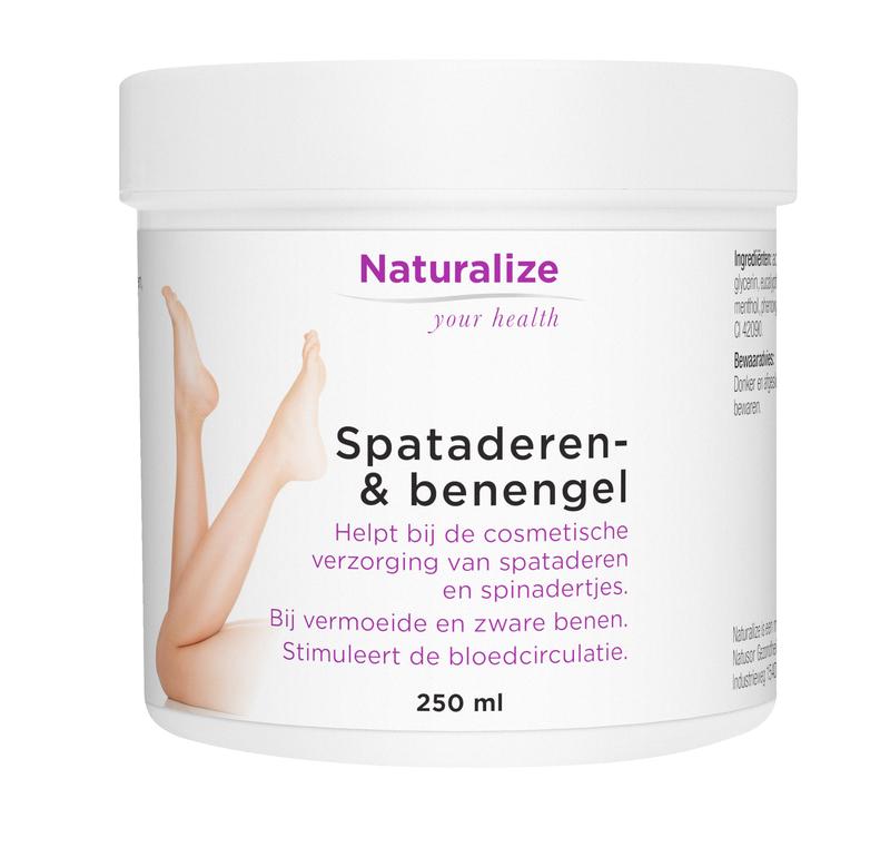Naturalize spataderen en beengel beenverzorging in 250 ml bottle, featuring botanical ingredients for leg care.