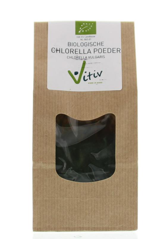 Vitiv Bio Chlorella powder in 125g package, green supplement for detox and nutrition, in a resealable pouch.