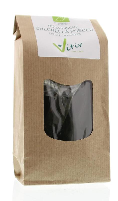 Vitiv organic chlorella powder in a 250g container, a natural herbal supplement for health and detox.