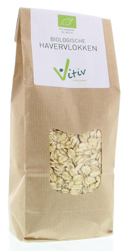 Vitiv bio havervlokken breakfast grains in a 500g package, showing a close-up of the oat flakes in the image.