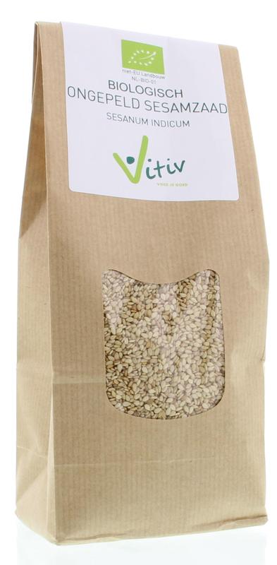 Vitiv raw organic sesame seeds in a 500g package, close-up of light beige, unhulled sesame seeds in a clear container.