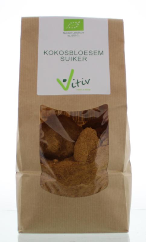 Vitiv bio coconut blossom sugar in a 1kg package, raw superfood sweetener with natural golden color and granulated texture.