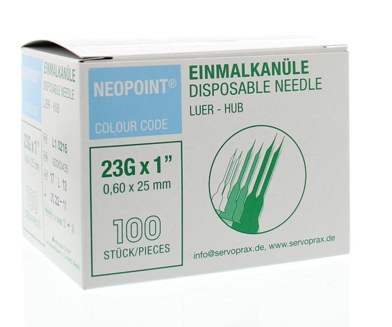 Sterile Neopoint Injectienaald lancet 0.6 x 25 mm, pack of 100 for blood sampling or testing.