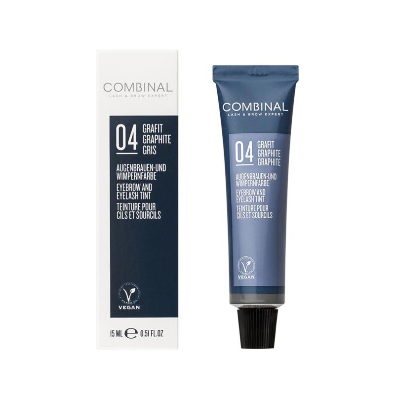 Combinal gray eyebrow and eyelash tint, 15 ml make-up product, showing the tube and applicator for eyebrow and eyelash coloring.
