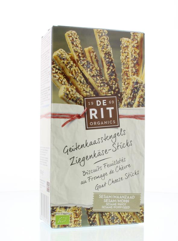 De Rit Sesam geitenkaas stengel bio, 100g, in a clear package, part of chips and zoutjes snack assortment.