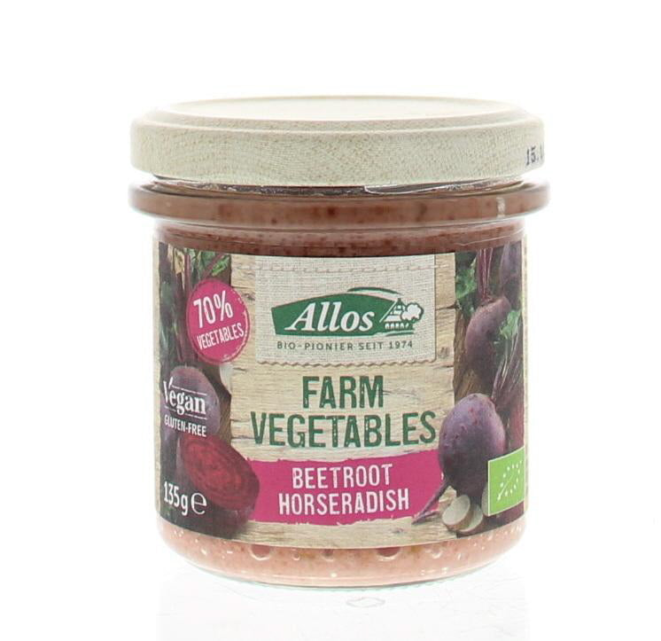 Allos Farm vegetable and horseradish spread on bread, featuring rode biet and mierikswortel in a 135g jar.