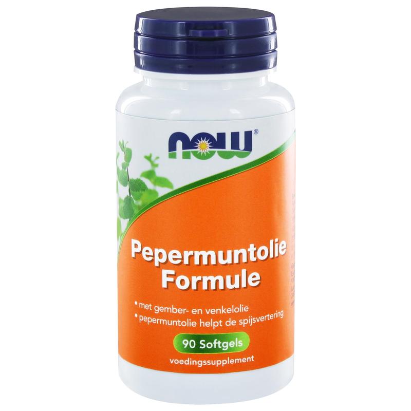 NOW Pepermuntolie softgel capsules for herbal supplement, featuring green softgel with mint-flavored oil inside.