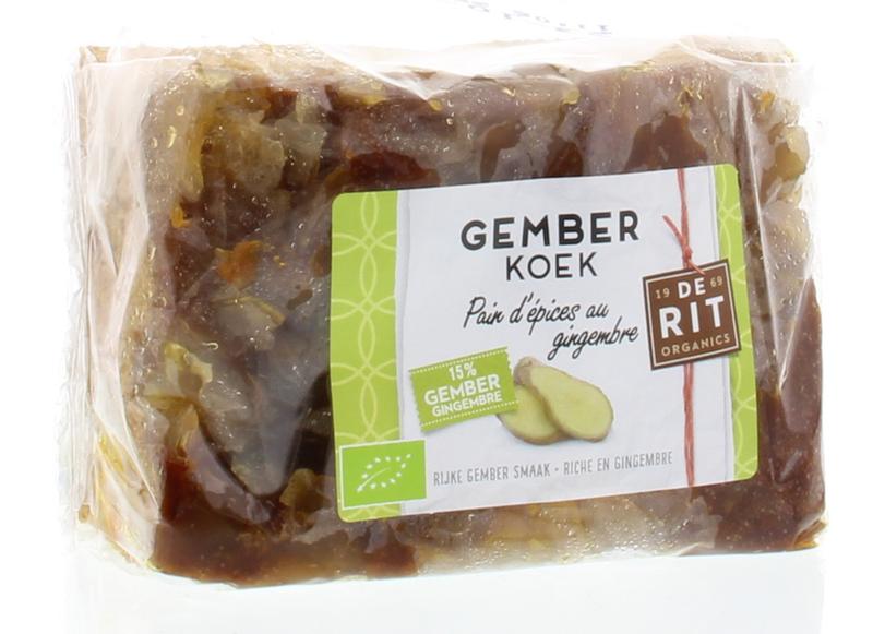 De Rit biologische kruidige gemberkoek in 250g, featuring a golden-brown, textured ginger-flavored cookie.