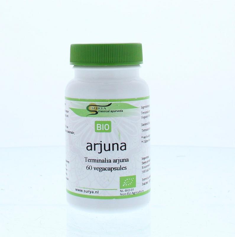 Surya Arjuna bio capsules, herbal supplement in a bottle, containing 60 capsules for supporting cardiovascular health.