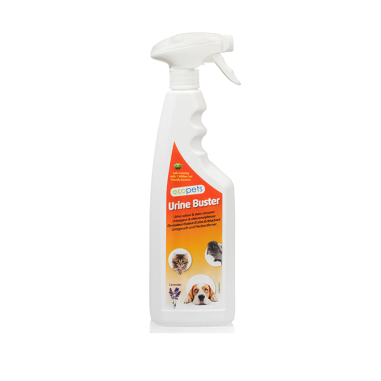 Ecopets Urine Buster lavender spray bottle, 750ml, eco-friendly cleaning product for pet urine stains and odors.
