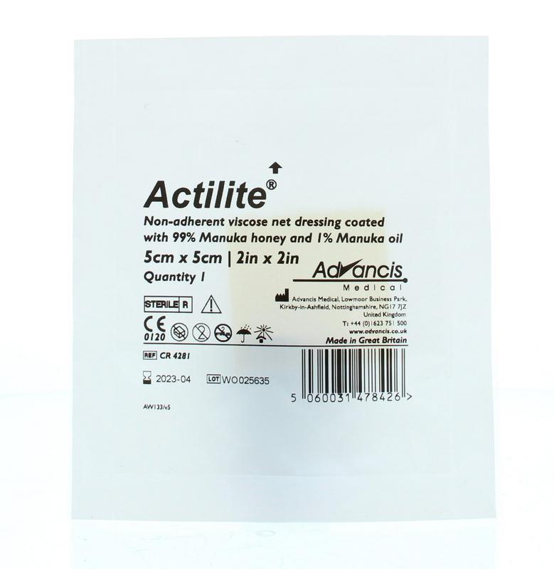 Advancis Actilite Manuka non-adhesive viscose absorber bandage, 5x5 cm, sterile medical dressing for wound care.