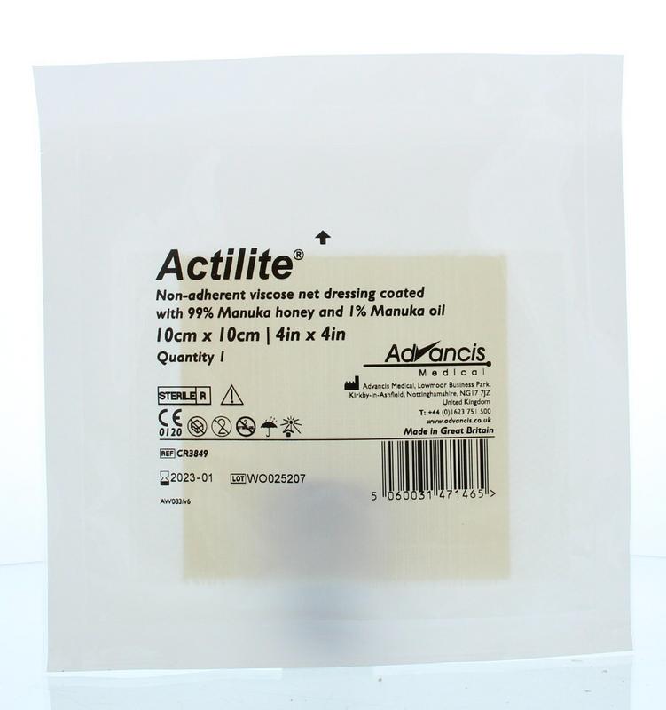 Advancis Actilite Manuka non-adhesive absorber bandage, 10x10 cm, sterile wound dressing, suitable for minor injuries.