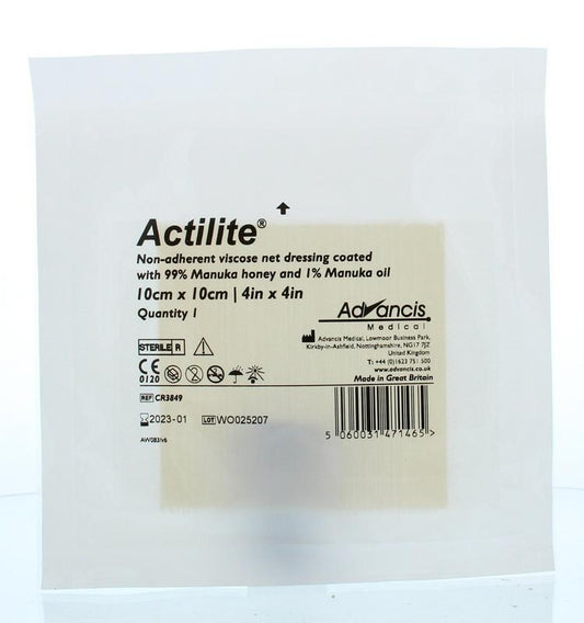 Advancis Actilite Manuka non-adhesive absorber bandage, 10x10 cm, sterile wound dressing, suitable for minor injuries.
