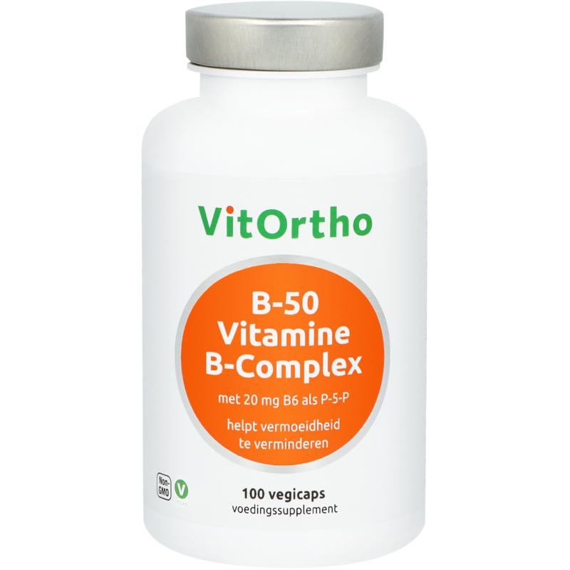 VitOrtho B-50 Vitamin B-complex vegetarian capsules, dietary supplement for energy and overall health, shown in the image.
