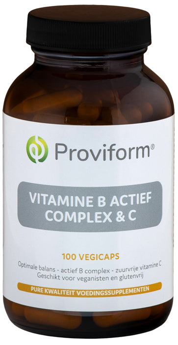 Proviform vitamine B actief complex en C in vegetarische capsules, close-up van de supplementcapsules en label.