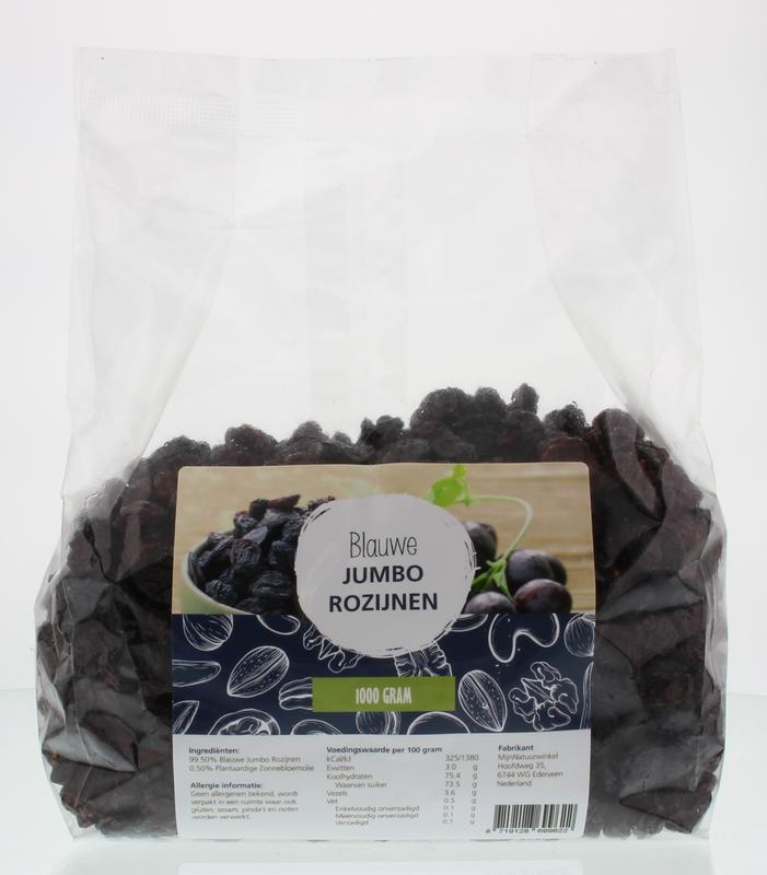 Blue jumbo raisins from MijnNatuurwinkel, 1 kilogram, raw superfood, close-up of plump dried blue grapes.